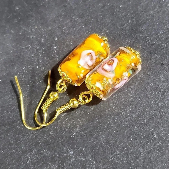 Orange Murano Lampwork Glass Flower Inside Vintage Beads Round Tube Earrings - Picture 10 of 11